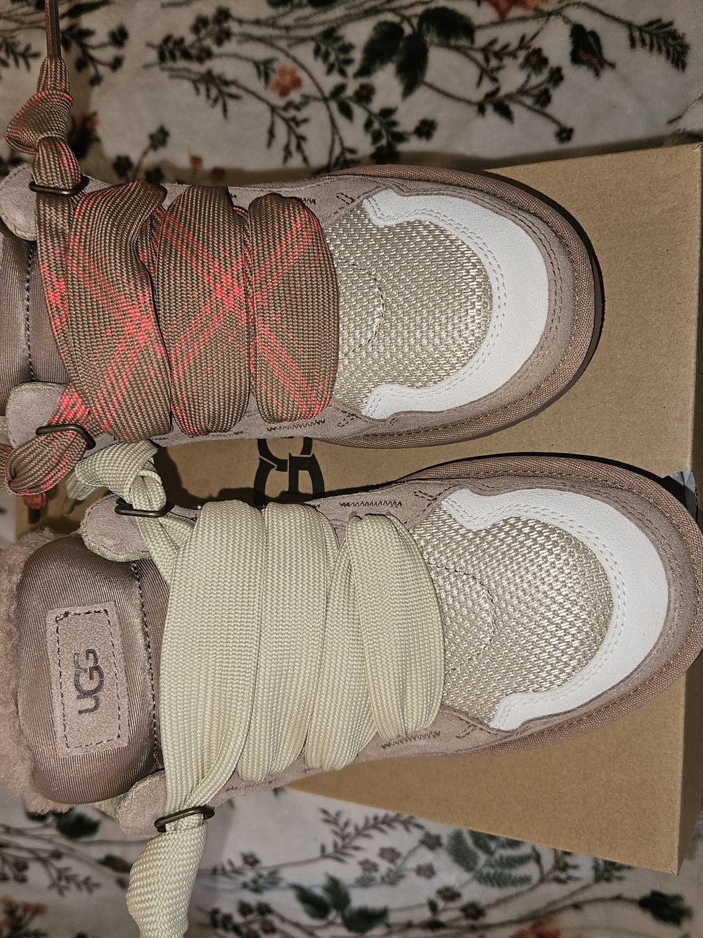 UGG Kids Beige, White & Pink Accent Lace-Up Boots